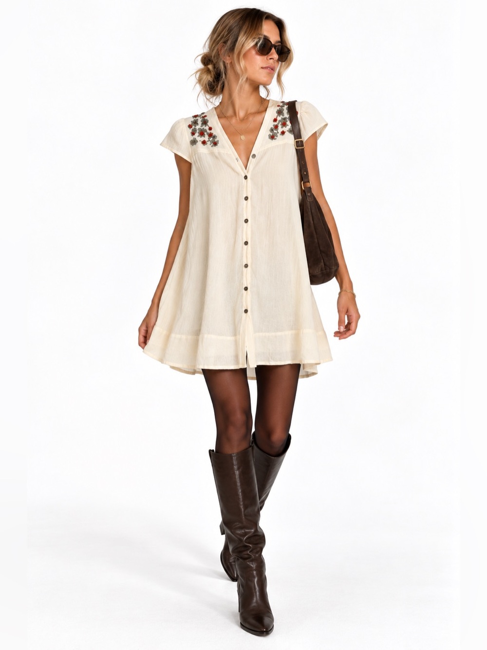 Meadow Rue Anthropologie Cream Wool Embroidered Floral Babydoll Mini Dress 0-6